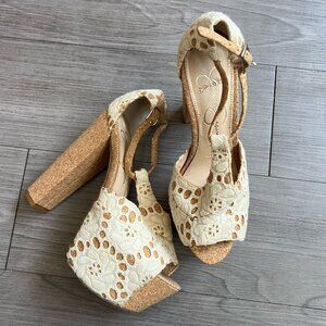 Jessica Simpson Dany 4 Cream Macrame Lace Platform Heels Boho Cork Size W7